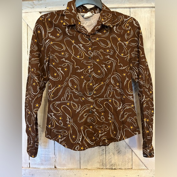 Rockies Ladies Brown Lasso Retro Cowgirl Button-Up Long Sleeve Blouse Size Small - Picture 1 of 10